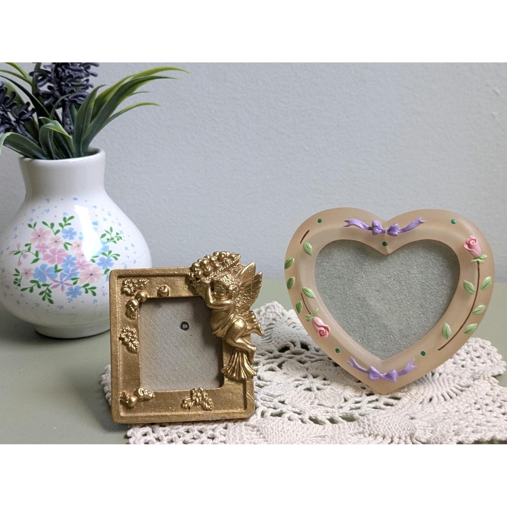 Vintage Mini Picture Frame Set of 2, Cherub Gold Frame & Heart Photo Frame